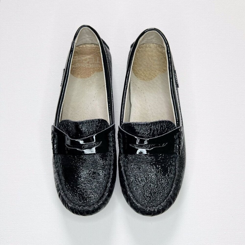Umi Leather Morie B Moccasin Penny Loafer In Black Crinkle Patent 11.5